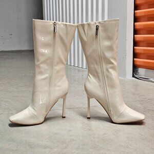 Off White Patent Leather Knee-High Stiletto Heel Boots With Side Zippers Square